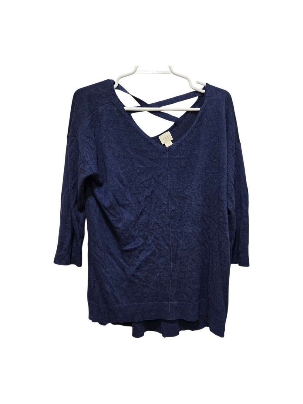 Chico's Criss Cross Back Tunic Top Size 2 Large Navy Ramie Viscose Coastal